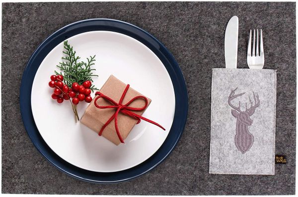 Place mats with cutlery pocket and stag embroidery, set of 4, dark grey