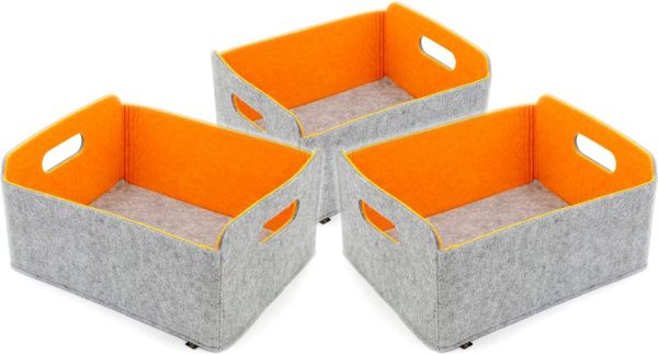 Luxflair set de 3 paniers de rangement pliables en feutre lavable gris/orange, 30x24x15cm. Boîte d'organisation, boîte à étagères, boîte pliante, panier à jouets, panier à feutre.