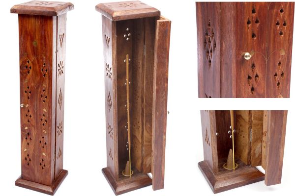 Sheesham Wood Incense Tower with Copper Flower Ornament