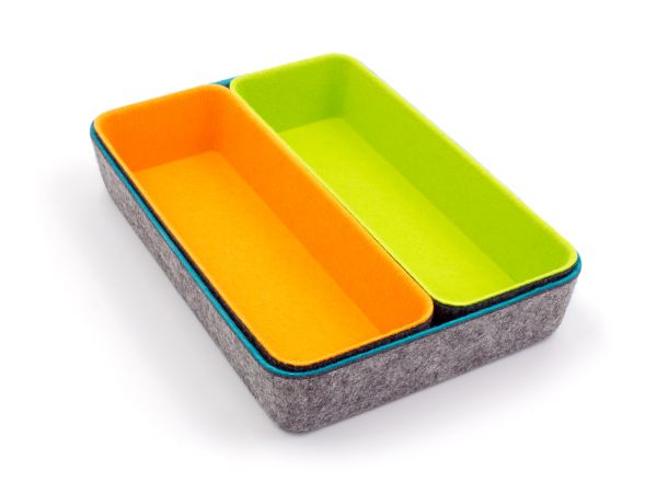 Stylish felt office boxes in a set of 3 (oblong). Color combination dark gray with petrol, orange, green